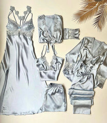 Silk satin lace pajamas 6 piece set