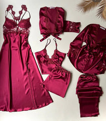 Silk satin lace pajamas 6 piece set